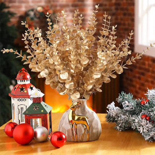 20PCS Artificial Eucalyptus Stems Gold Leaves Fake Flowers for Floral Arrangement Wedding Bouquets Thanksging Xmas Decorations