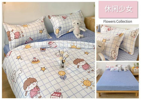 Cute Double Cotton Bedding Set with Four-Piece Linens, Pillowcase, Textile for Girl's Dormitory Bedclothes