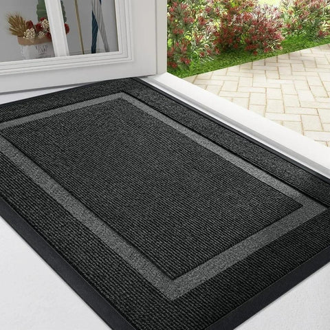 Front door mat for indoor and outdoor entrances, waterproof all season, sturdy natural rubber, fade resistant, 47x32, black