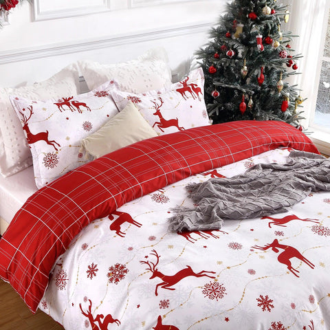 Christmas Duvet Cover Reversible Printed Comforter Cover Set Christmas Holiday Decorative Bedding Soft Microfiber Red Duvet 2Pil