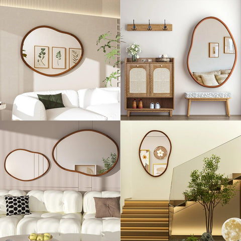 S/L Mid Century Asymmetrical Wood Frame Wall Mirror Decorative Accent Mirror for Entryway Living Room