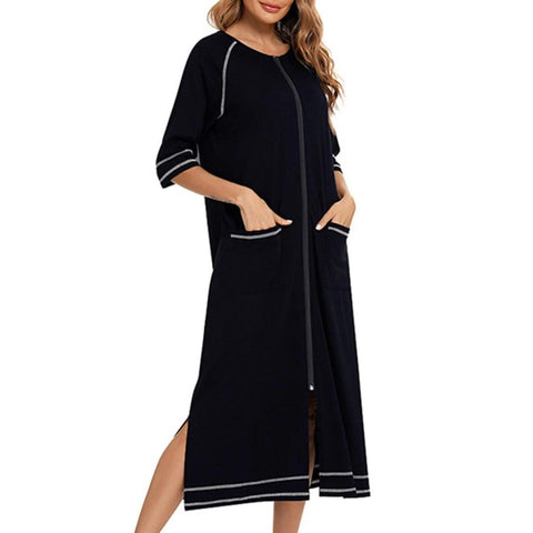 Newce Womens Zipper Robe with 3/4 Sleeves, Full Length Loungewear Dress with Pockets - Comfortable Nightgown and Long Bathrobe