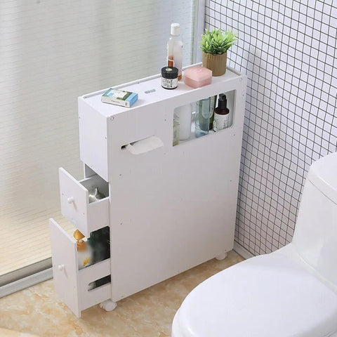 Slim Bathroom Cabinet Storage Organizer with Shelves Slide Out Drawer Free Standing Floor Side Toilet Cabinet White