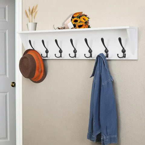 Hat rack wall mounted shelf, with 7 three hook 35 inch heavy-duty wooden entrance shelves, with hooks, white