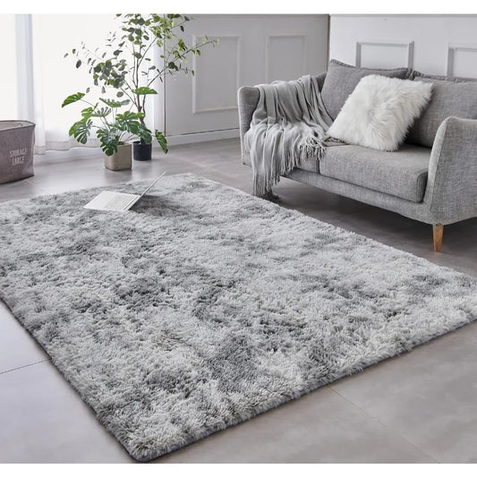 Extra Large Shag Area Rug, 9x12 Feet Tie-Dyed Light Grey Indoor Ultra Soft Plush Rugs for Living Room