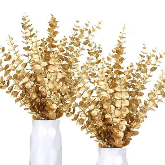 20PCS Artificial Eucalyptus Stems Gold Leaves Fake Flowers for Floral Arrangement Wedding Bouquets Thanksging Xmas Decorations