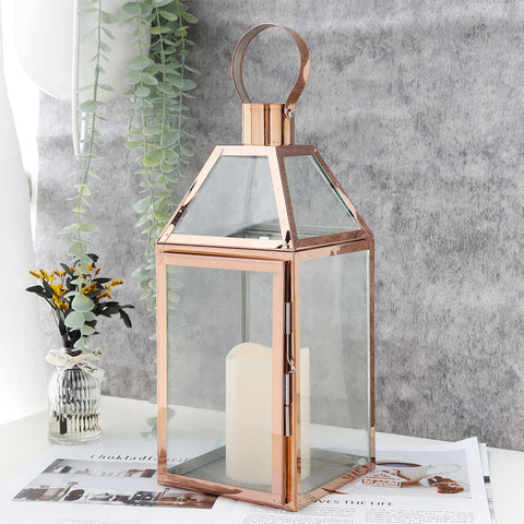 Rose Gold Stainless Steel Candle Holder Decorative Lanterns  with Tempered Glass Table Candle Stick Wedding Party Home Decor