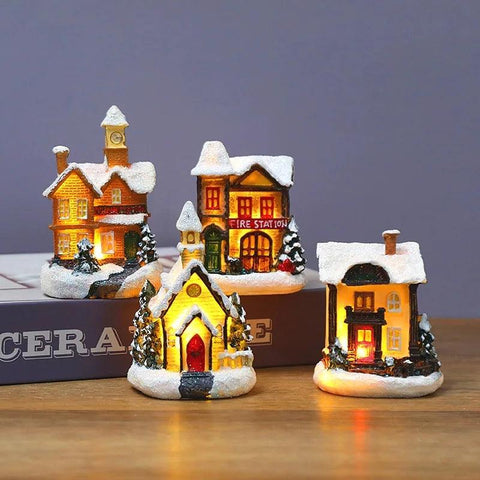 Christmas Desktop Decoration Mini Small Santa Snowman House with LED Light Navidad White Tiny House Ornament Supplies Best Gift