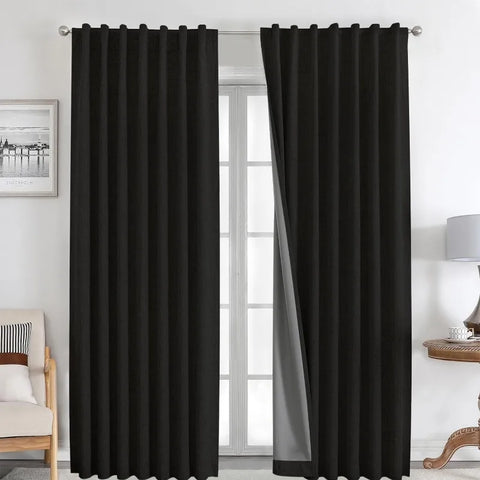 Blackout Linen Curtains Long 100% Blackout Drapes 95 inch Length 2 Panels Set