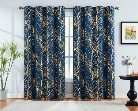 Metallic Tree Blackout Curtains Bedroom Length Living-Room Branch Print Curtain Panels Triple Weave Thermal Insulated Drapes