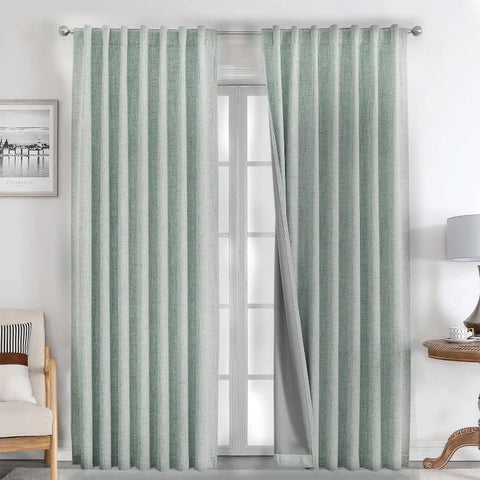 Blackout Linen Curtains Long 100% Blackout Drapes 95 inch Length 2 Panels Set