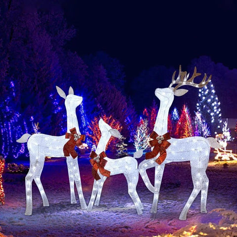 Christmas Yard Decoration, Set of 3 Pre-lit White Reindeer with 265 LEDs White Lights, 3D Light Up Glittered Standing Reindeer