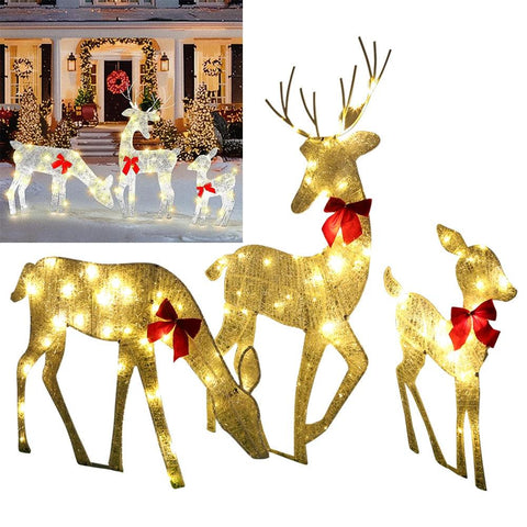 3Pcs LED Light Bucks Iron Art with 5Pcs LED String Light 2D Deer Christmas Decor Light Up Bucks Metal for Yard Patio Lawn Decor