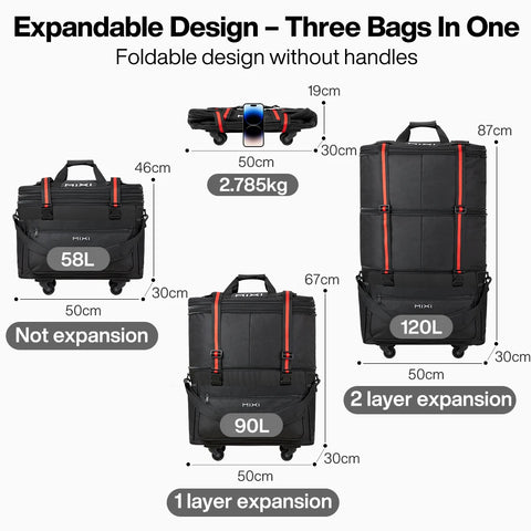 Mixi Foldable Travel Bag Hand Carry Duffel Bag with Wheels Expandable Rolling Travel Bag Large Capacity Waterproof Luggage Bag