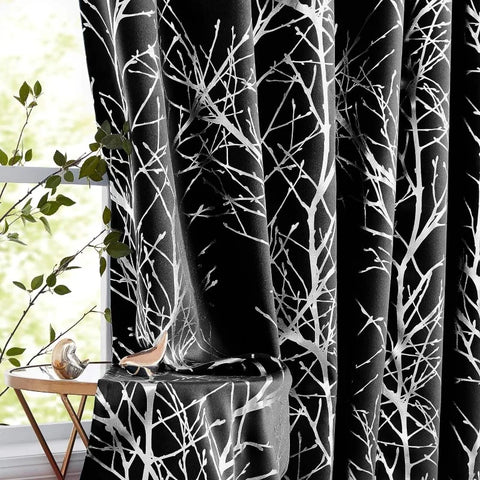 Metallic Tree Blackout Curtains Bedroom Length Living-Room Branch Print Curtain Panels Triple Weave Thermal Insulated Drapes