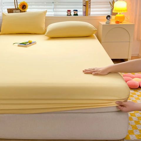 Soft Cotton Fitted Bed Sheet with Elastic Band Solid Color Mattress Cover for Single Double King Queen Bed 140/150/160/180/200