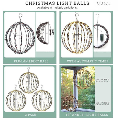 3 Pack 16” Outdoor/Indoor LED Christmas Light Balls. Durable, Waterproof, Long-lasting, Lightweight Bright Light Ball.