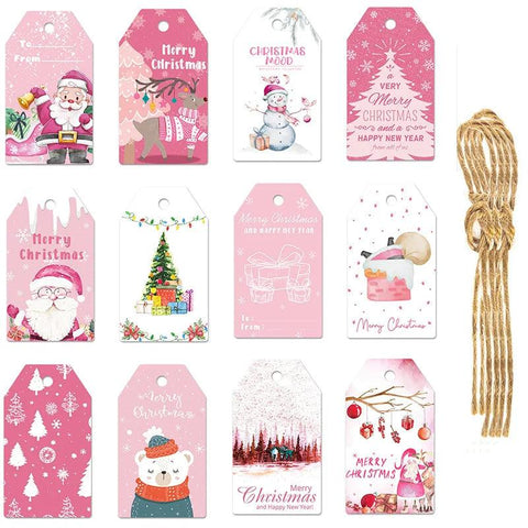 60pcs Pink Christmas Gift Hang Tag Xmas Thank you Kraft Paper Tag Christmas tree Hanging Label Card Xmas Party Kids Gift