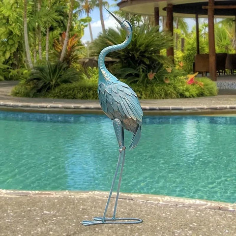 Garden Crane Statue For Outdoor, Metal Bird Yard Art, Standing Sculpture For Backyard Patio Lawn Decoration, Cyan