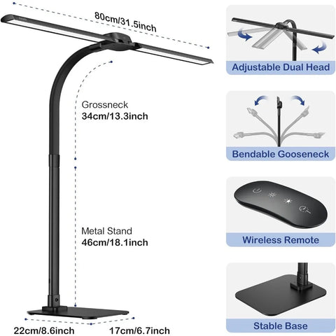 Desk Lamp with USB Charging Port for Home Office 24w Architect Remote Base Dual Task Led Light Modern 5 Color Modes Dimmable Adj