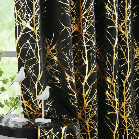 Metallic Tree Blackout Curtains Bedroom Length Living-Room Branch Print Curtain Panels Triple Weave Thermal Insulated Drapes