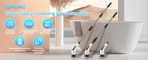 Cordless Electric Spin Scrubber with 7 Replaceable Brush Heads, 3-Speed, Adjustable Handle for Bathroom, Shower, Kitchen