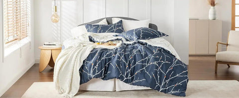 Comforter Sets - Bed in a Bag Queen 7 Pieces Reversible Navy Blue Flroal Bed Set Tree Branch Pattern Printed