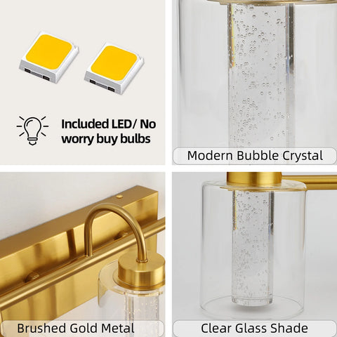 Brushed Gold Vanity Lights, Bathroom Light Fixtures Crystal Bubble Glass Dimmable 3 Color Temperatures Modern Wall Sconce