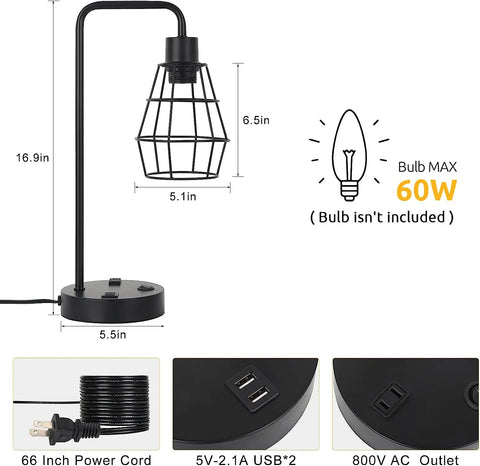 Set of 2 Black Industrial Table Lamp Nightstand Bedside Lamps w/ USB Ports Shade