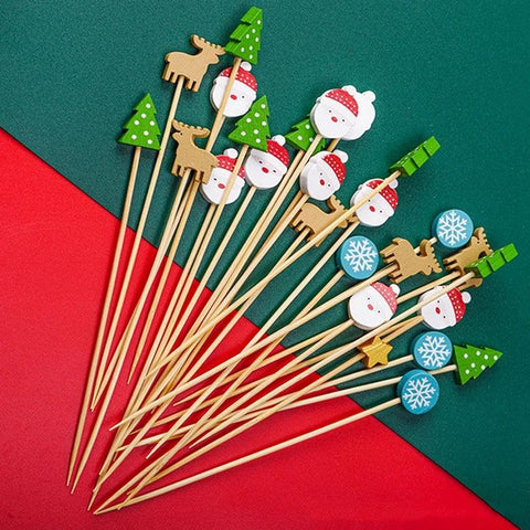 Christmas Disposable Bamboo Stick Cake Salad Fruit Food Toothpicks Christmas New Year Decor Christmas Party Decor 100PCS