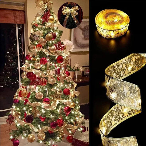 Christmas Decoration LED Ribbon Fairy Lights Christmas Tree Ornaments for Home 2024 DIY Bows Light String Navidad New Year 2025