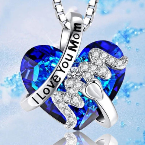 Luxury Fashion "Mom" Pendant Necklace Red Blue Heart Crystal Jewelry Ladies Anniversary Birthday Christmas Mother's Day Gift