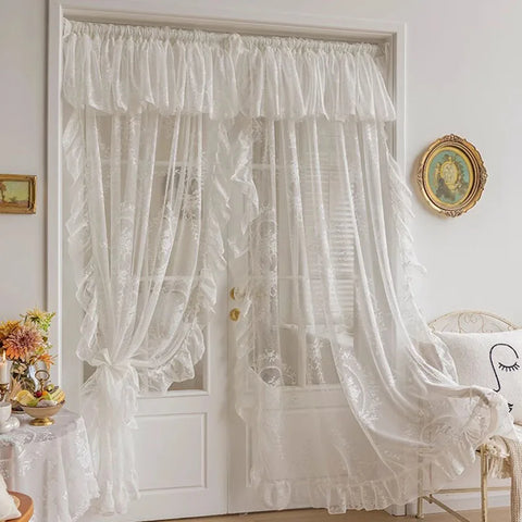 French  Elegant White Embroidery Ruffle Tulle Curtains with Valance For Girls Bedroom Living Room Sheer Drapes Rideaux Voilage