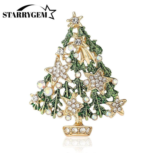 Christmas Rhinestone Star Tree Brooches for Women Unisex Enamel Botanical Pins Office Party Friend Gifts Jewelry Accessories