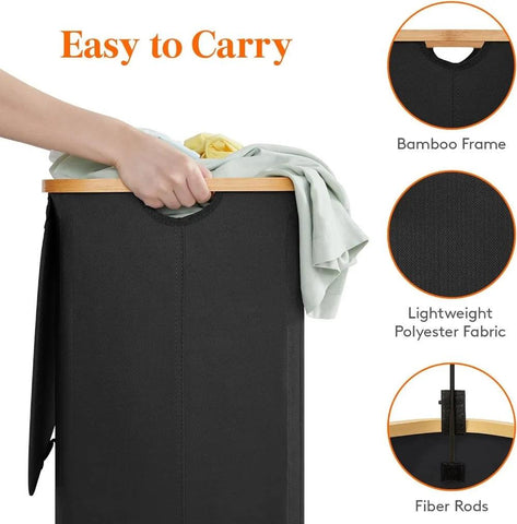 Laundry Basket with Lid/Laundry with Bamboo Handles and 2 Removable Laundry Bags/Large Foldable for Bedroom BathroomDorm Black