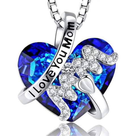 Luxury Fashion "Mom" Pendant Necklace Red Blue Heart Crystal Jewelry Ladies Anniversary Birthday Christmas Mother's Day Gift