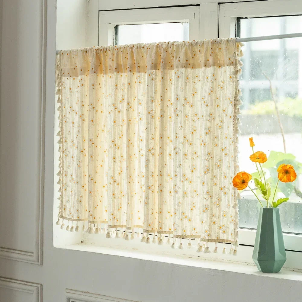 Korean Cotton Daisy Curtains Road Pocket Shade Curtain Floral Tassel for Kitchen Bedroom Living Room Bay Window Cabinet Curtain