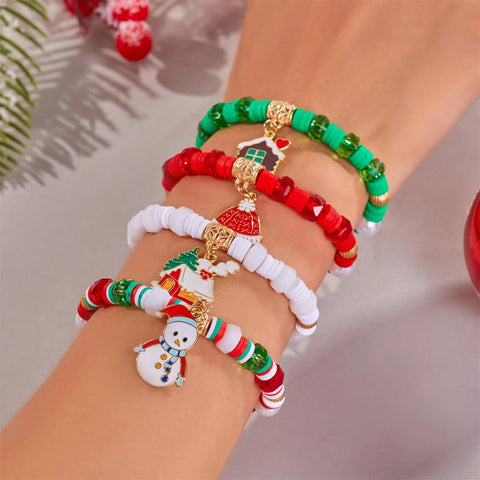 4Pc/Set Merry Christmas Tree Santa Claus Bracelet For Women Xmas Deer Crystal Polymer Clay Beads Woven Bracelet New Year Jewelry