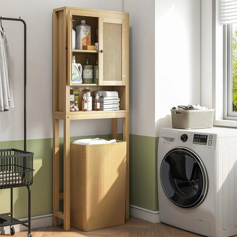 Rattan Over The Toilet Storage Cabinet, Adjustable Shelf, Behind Toilet Cabinet,Bathroom, Laundry, Wood Rack, Natural