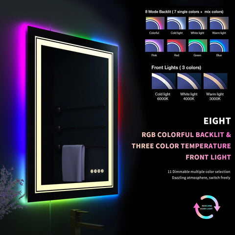 LUVODI Rectangle RGB LED Bath Mirror Wall Mounted Waterproof Demist Vanity Makeup Mirror with Multicolor Lights