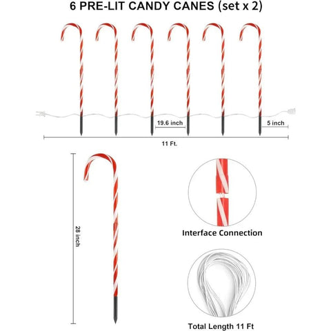 28" Christmas Candy Cane Pathway Markers, Set of 12 Pack Christmas Outdoor Decorations Pathway Lights with 72 Warm Lights