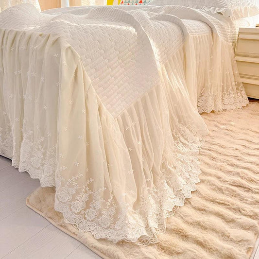 Quilted Cotton Flowers Lace Bed Skirt, Bedspread, Bed Sheet, Bed Cover, Pillowcases, 2/3Pcs Luxury Princess Wedding Bedding Set