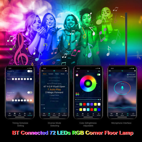 RGB Standing Light DC5V BT Connected 72 LEDs Corner Floor Lamp with Controller Supported Phones App Control/ Music Sync