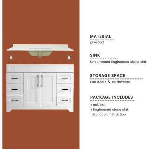 48" Luxurious Bathroom Vanity with White Stone Countertop and rectangle Sink and Back Splash,2 Soft Closing Doors