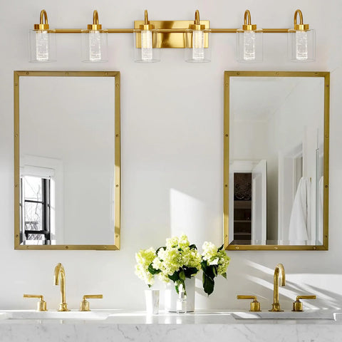 Brushed Gold Vanity Lights, Bathroom Light Fixtures Crystal Bubble Glass Dimmable 3 Color Temperatures Modern Wall Sconce