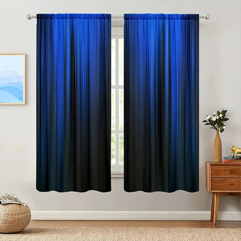 2pcs Blue/black Gradient Stripe Design Printed Curtain for Home Decor - Rod Pocket Window Treatment for Bedroom, Office, Kitchen