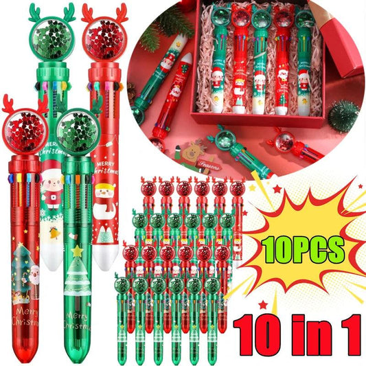 10-1PC Christmas Ballpoint Pen 10 In 1 Retractable Multicolor Xmas Santa Snowman Writing Pens for Christmas School Party Favors