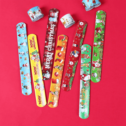 12pcs Christmas Slap Bracelets Santa Claus Snowman Elk Tree Printed Colorful PVC Wristband Child Kids Gifts Xmas Party Supplies