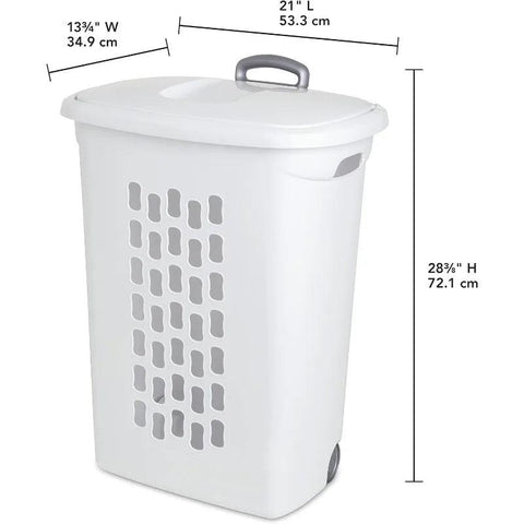 Wheeled Plastic Laundry Hamper with Lid, Handle and Wheels for Easy Rolling of Clothes to and from The Laundry Room, , White