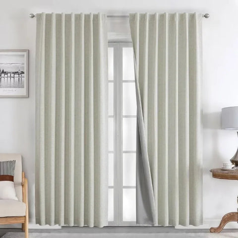 Blackout Linen Curtains Long 100% Blackout Drapes 95 inch Length 2 Panels Set